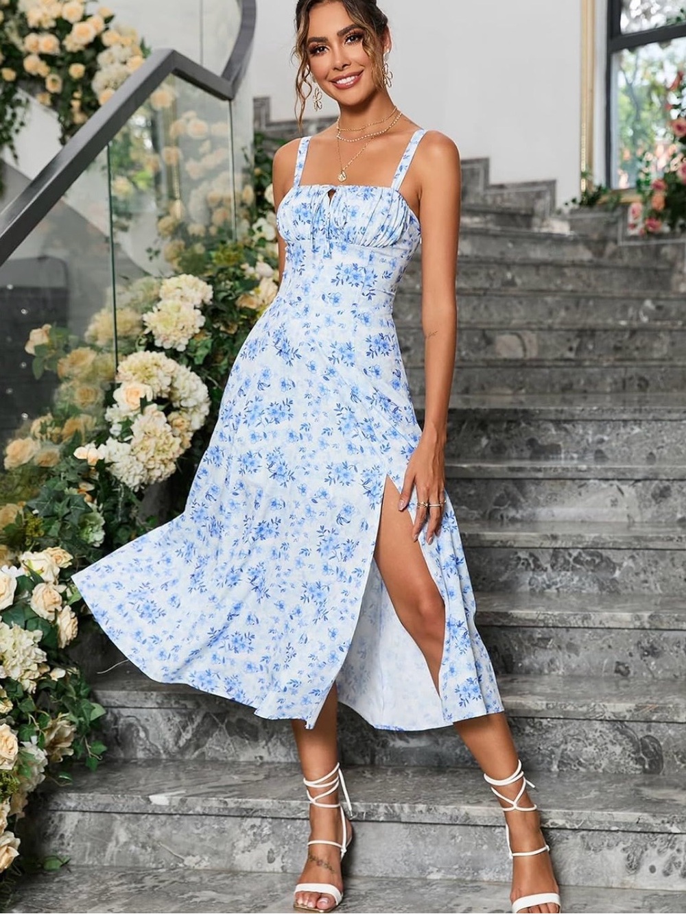 Floral Blue Midi Sundress with Side Slit - Picture 3 of 3